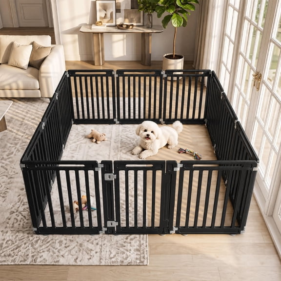 31.5 Inch 12 Panel Dog Playpen, Indoor Outdoor Folding Hdpe Pet Exercise Pen Fence with Lockable Door for Camping Yard, Black