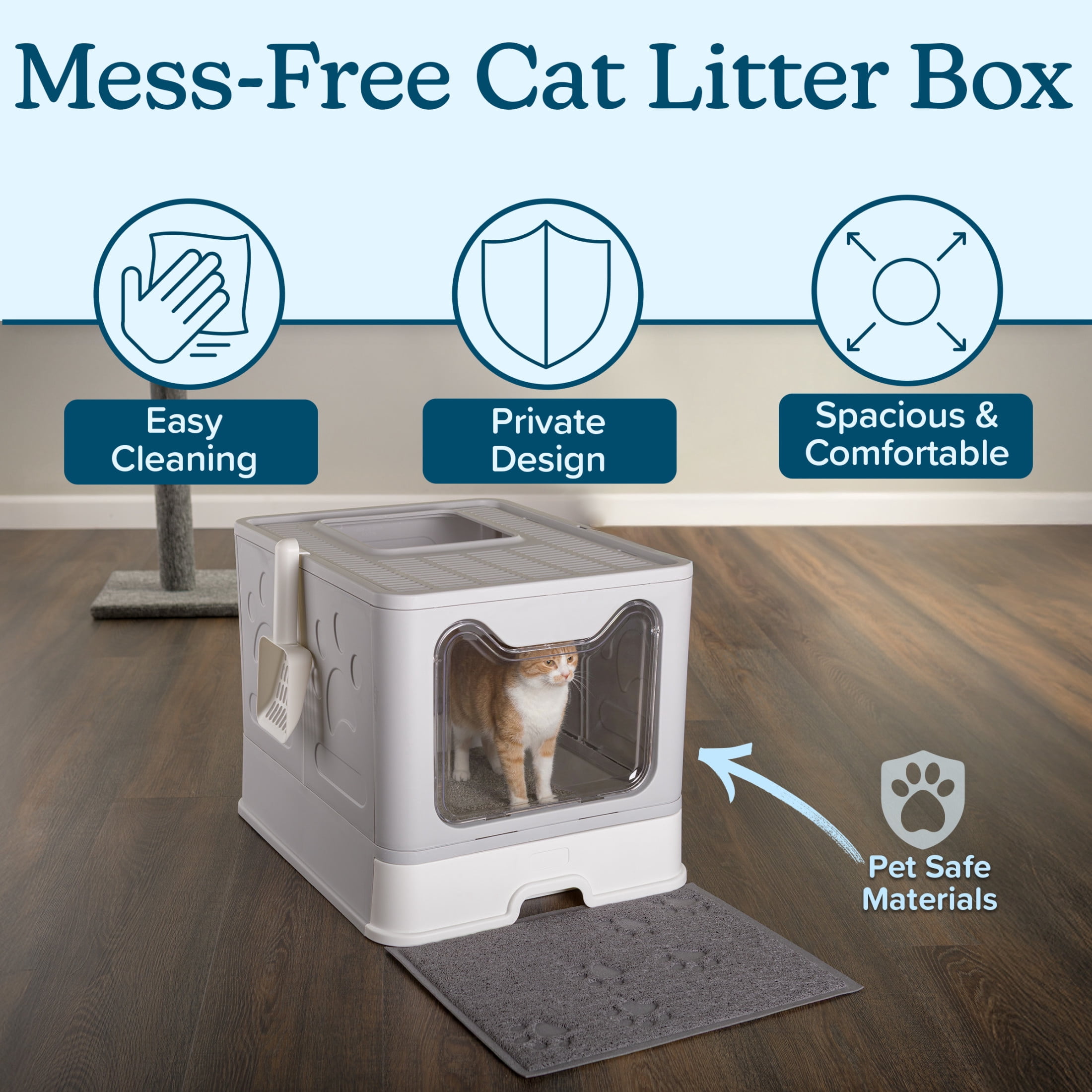 PETMAKER Enclosed Cat Litter Box with Lid, Cat Scoop, Mat, and Pull-Out Drawer (Gray)