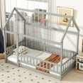 thumbnail image 2 of Twin Size House Floor Bed Frame,Wooden Montessori Floor Bed with Fence , Grey, 2 of 7