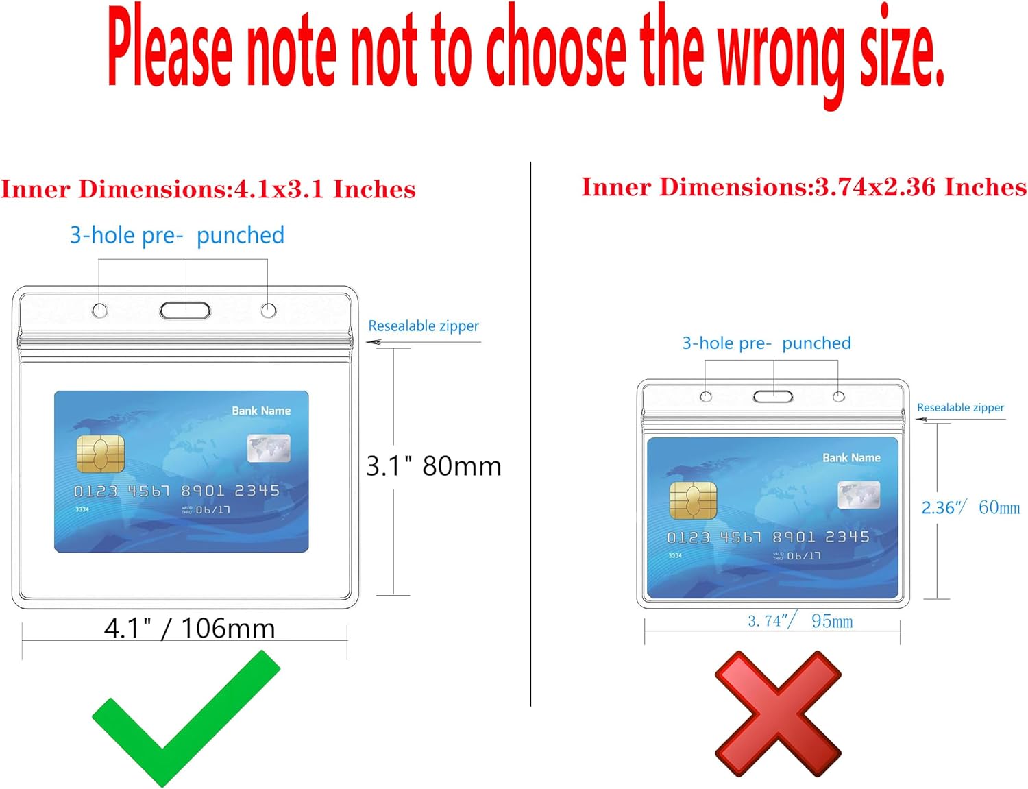Extra Thick Horizontal ID Card Name Tag Badge Holder with Waterproof Type Resealable Zip (Holders, 6Packs) 3.74x2.36 Inches