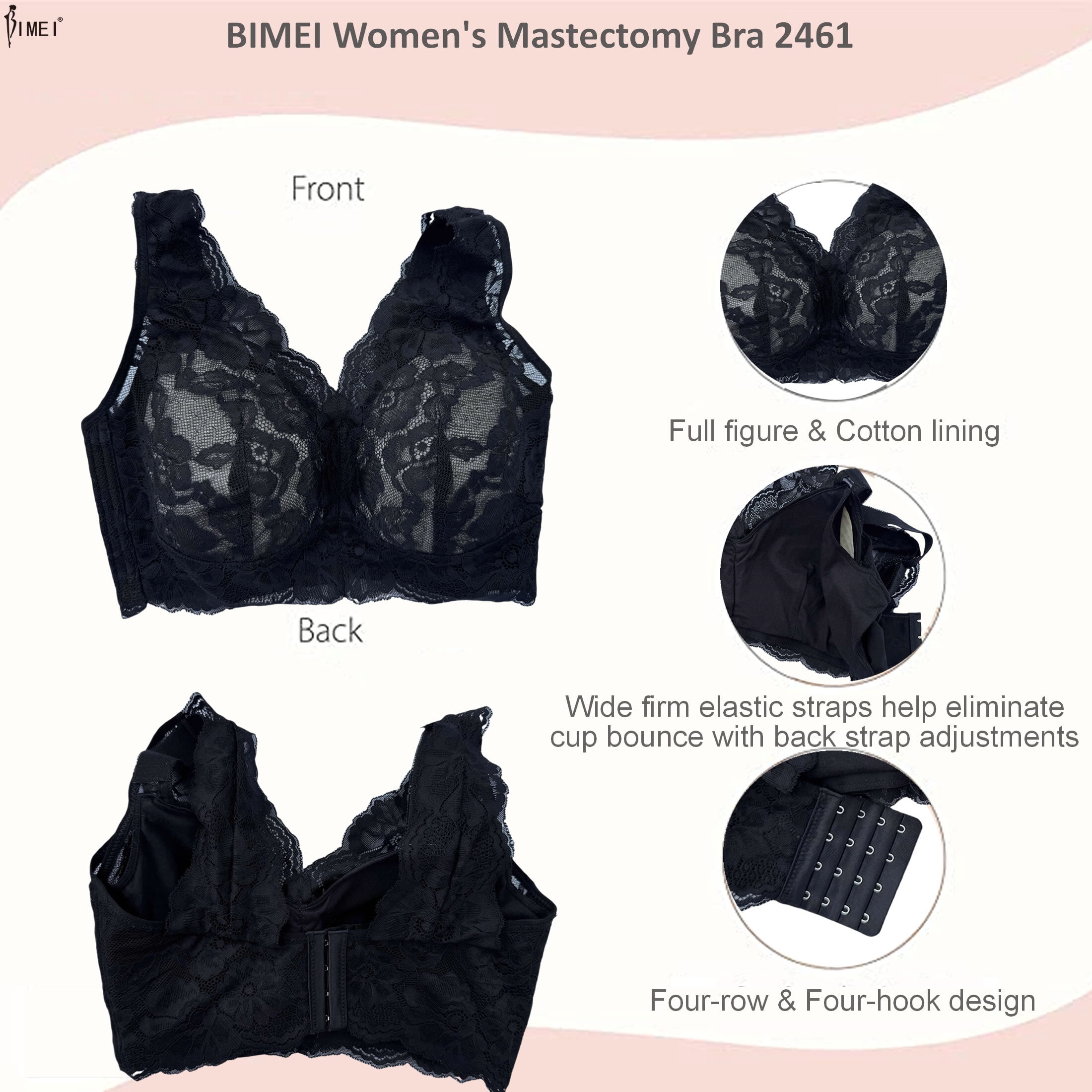 BIMEI Women's Mastectomy Pockets Wireless Post-Surgery Plus Size Full Coverage Everyday Bra 2461,Black,36C