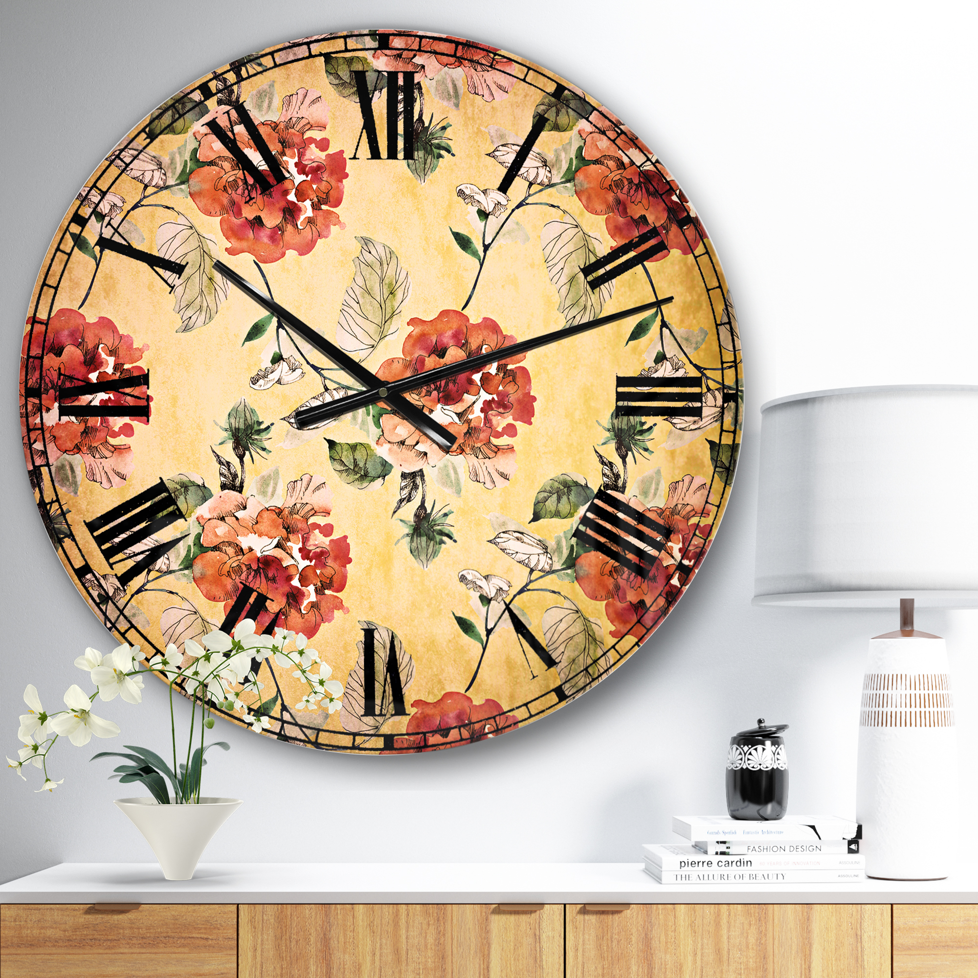 Designart 'Red Rose in Yellow background' Traditional wall clock