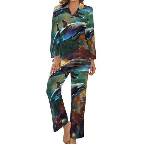 PoBuds Women's Long Sleeve Flannel Pajama Set Sleepwear Dolphins Galaxy S