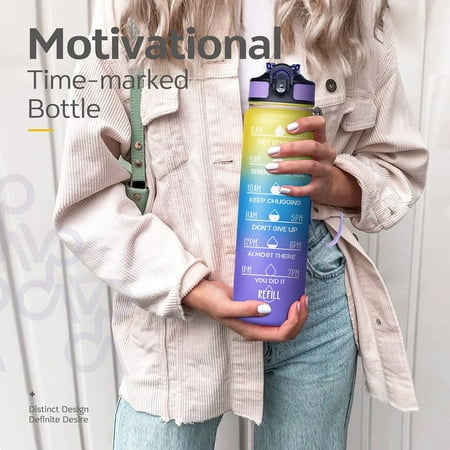 

TKing Fashion 32oz Motivational Fitness Sports Water Bottle With Time Marker & Straw Large Wide Mouth Leakproof Durable BPA Free - Multi-color