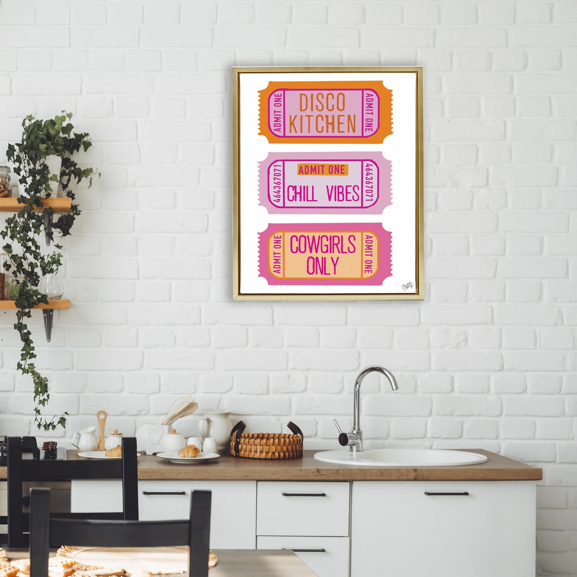 Stupell Industries Disco Cowgirl Ticket Phrases Gold Framed Floater Canvas Wall Art, design by Elizabeth Medley