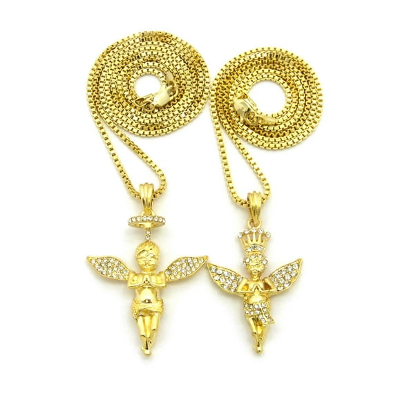 Crowned & Halo Praying Angel Pendant Set w/ 2mm 24" & 30" Box Chain Necklaces in Gold-Tone