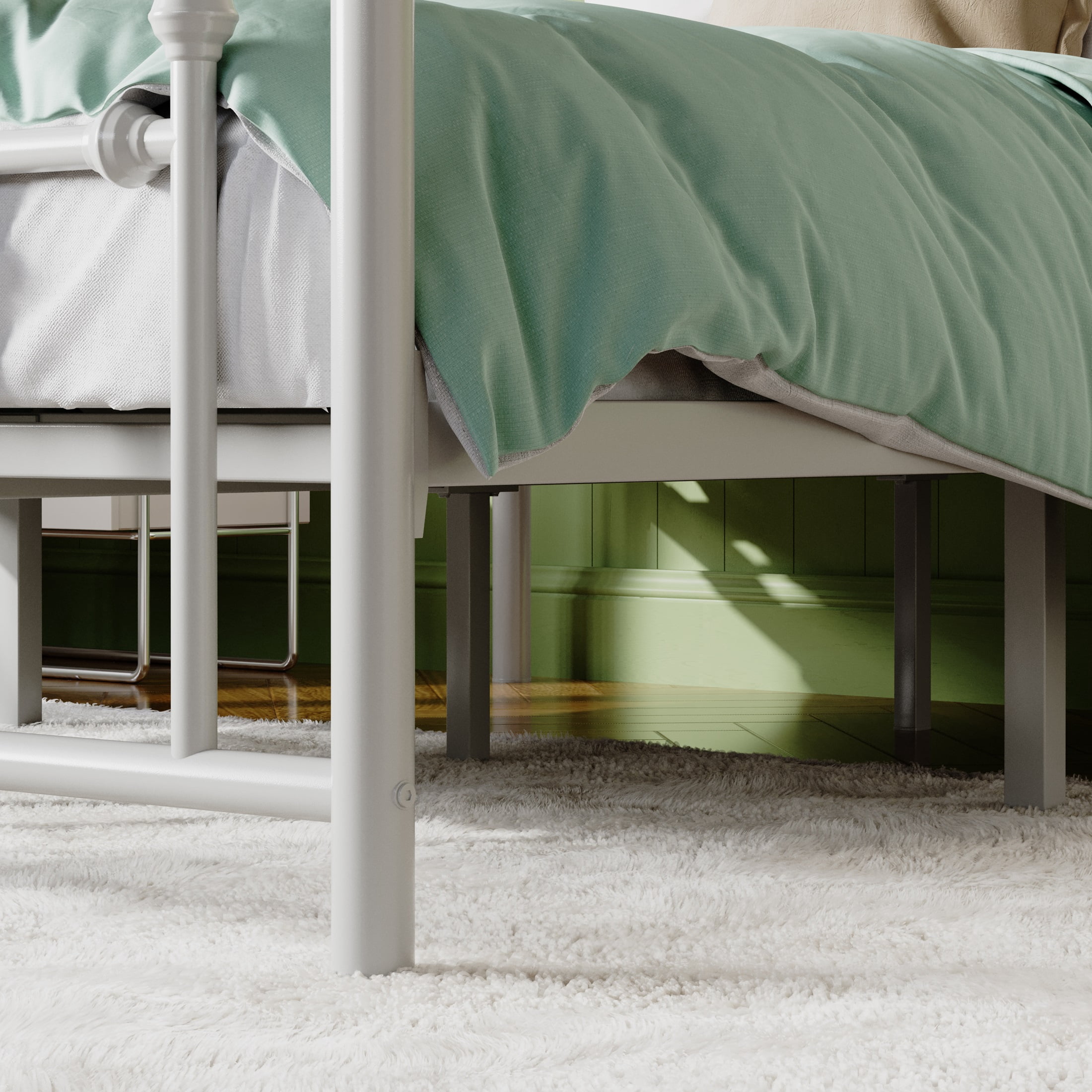 Sifurni Queen Size Metal Platform Bed Frame with Victorian Vintage Headboard, White