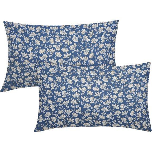Daisy Floral Block Print Lumbar Pillow Covers 12X20 Inch Blue Beige Flowers Decorative Pillow Cases Set of 2 Farmhouse Home Decor Vintage Rustic Cute Throw Pillows for Sofa Couch Outdoor