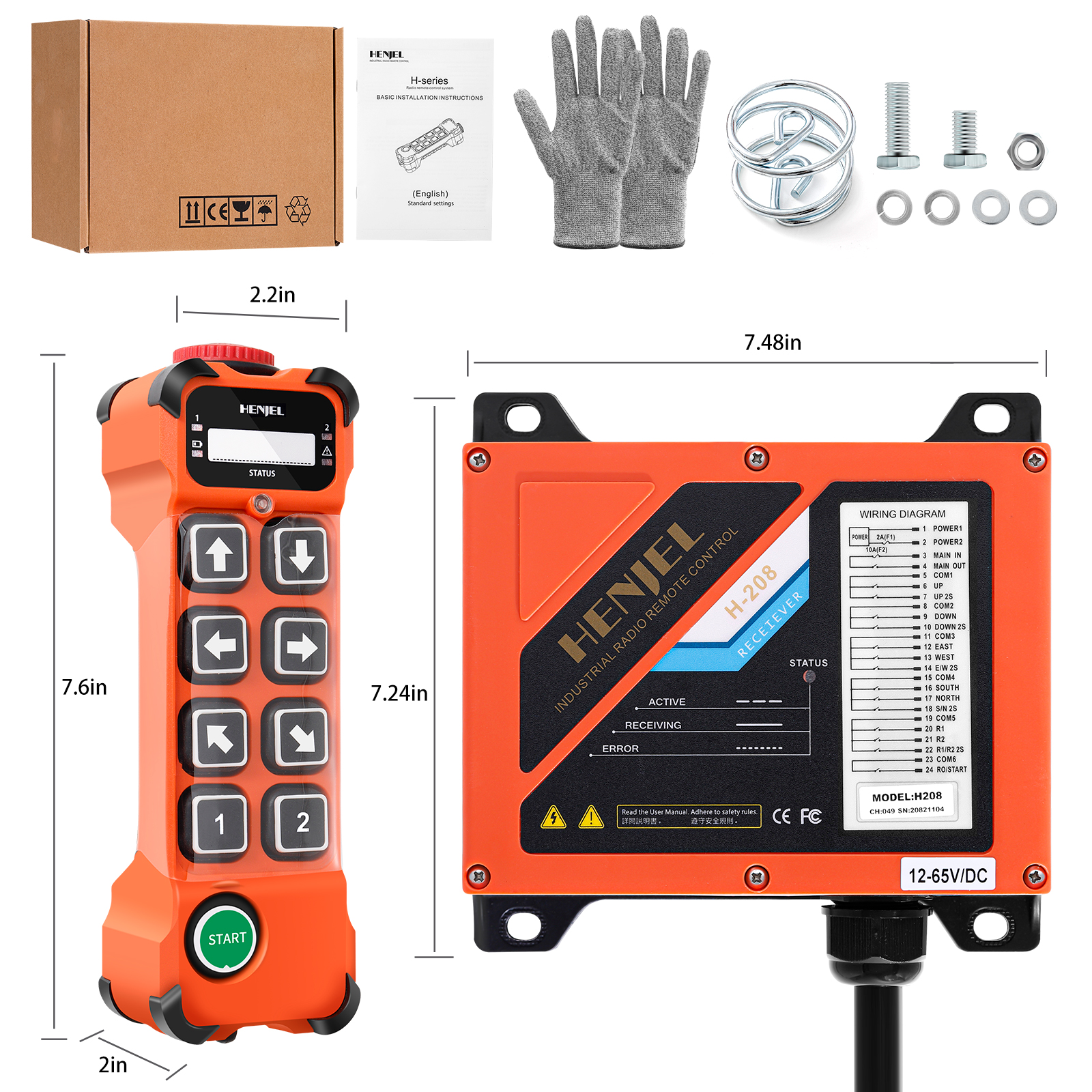 Two Speed 8 Channel Industrial Wireless Crane Radio Remote Control 12-65V 12V 24V DC for Electric Chain Hoist Overhead Bridge Travelling Crane Truck Two Transmitter and One Receiver