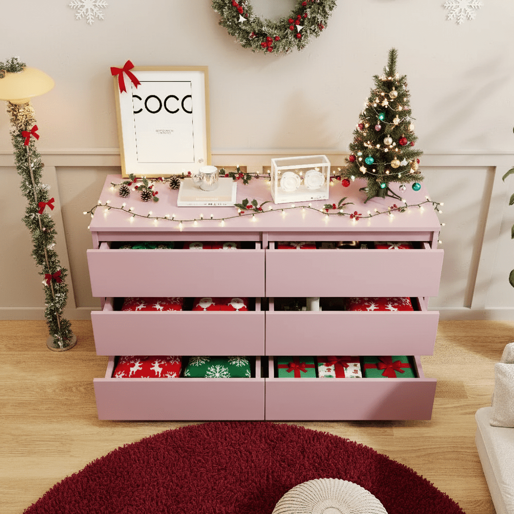 Barara King 6 Drawer Double Dresser, Chest of Drawers for Bedroom Tall Dresser Storage for Living Room Hallway (Pink)