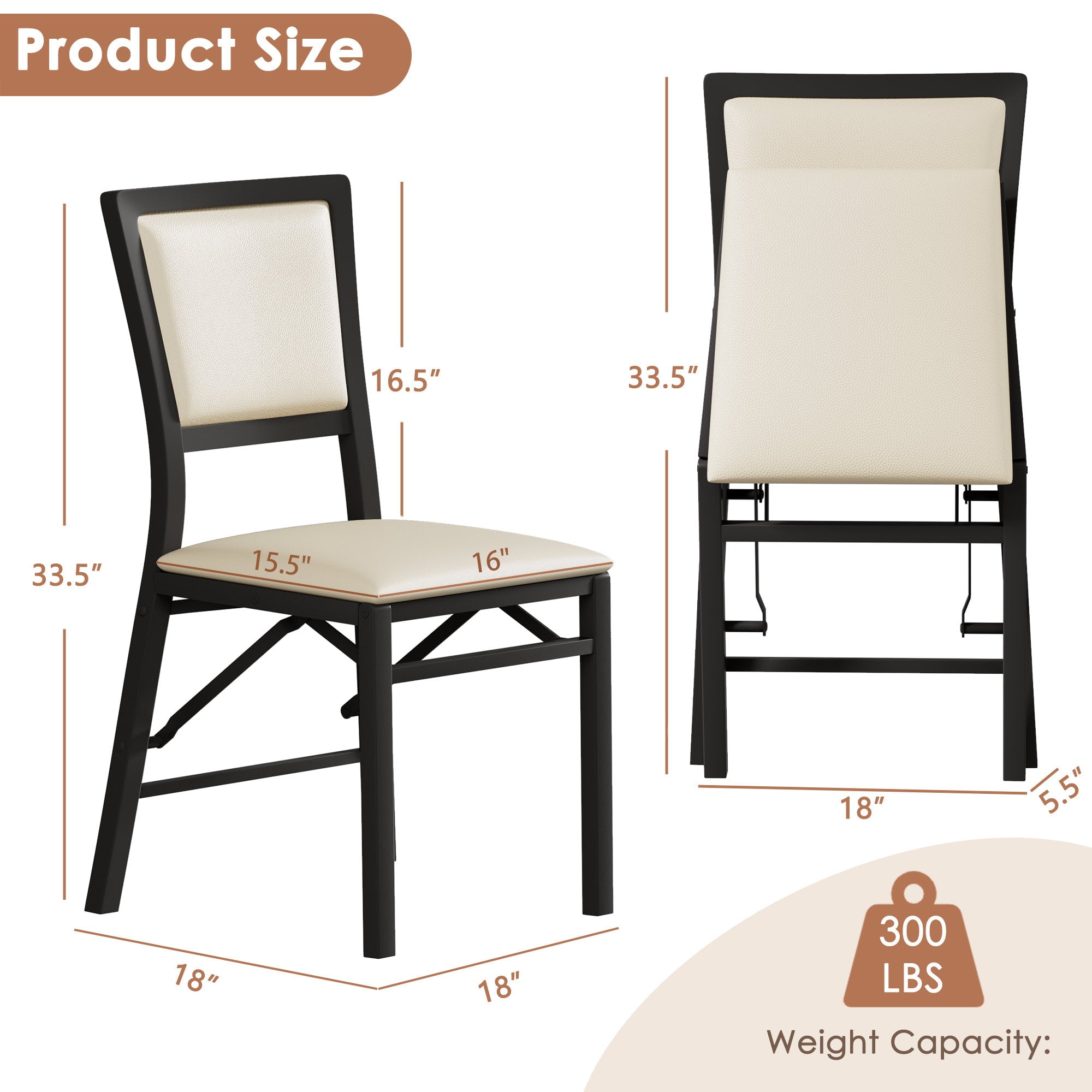 VECELO Dining Chairs Set of 2, Space-Saving and No Assembly, High Back PU Upholstered Folding Chairs with Metal Frame for Kitchen and Living Room, Beige