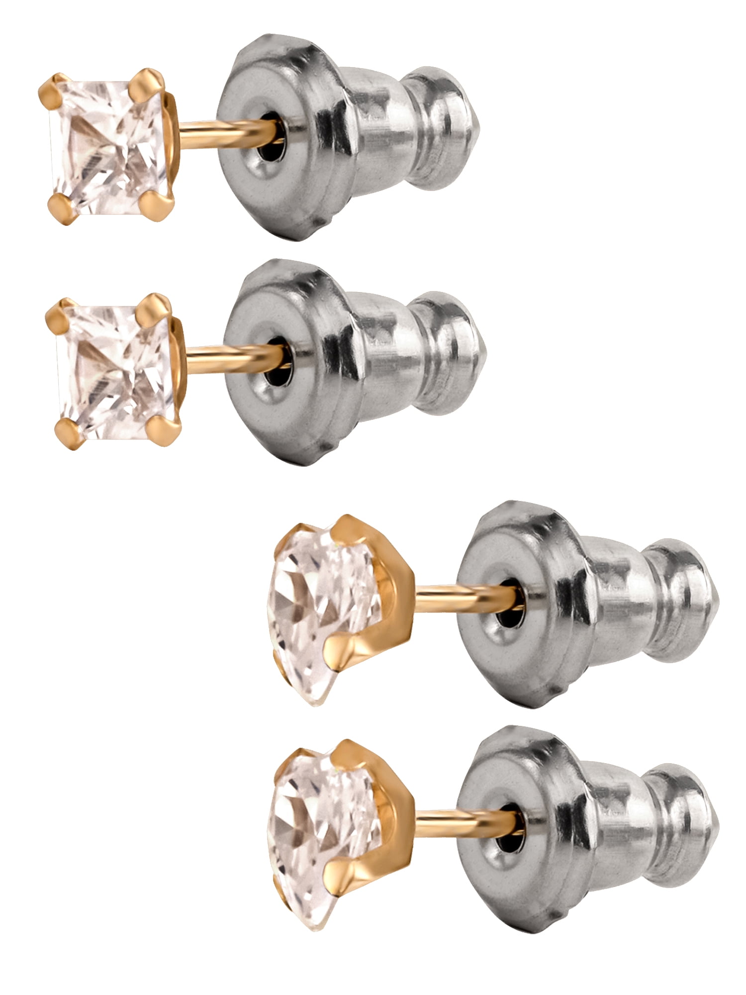 Brilliance Fine Girl’s / Tween 14K Yellow Gold CZ Square and Heart Stud Earring Set