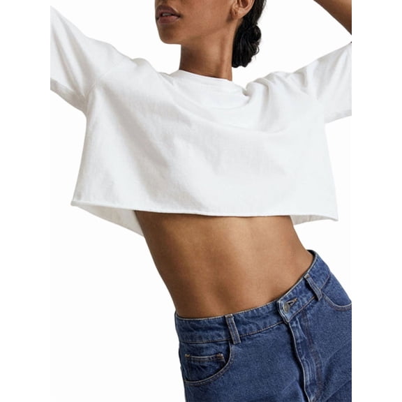 Short Sleeve Loose Crop Top Women Crew Neck Crop Shirt Drop Shoulder Casual Boxy Yoga Running Cropped Baic Tee White S