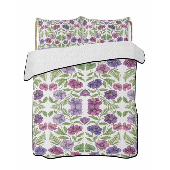 Quilts Full Size Bedding Set, Purple Green Botanical Lightweight Quilted Comforter, Watercolor Spring Floral Summer Soft Reversible Bedspread Coverlet with Pillow Covers for All Season, 78" x 90"