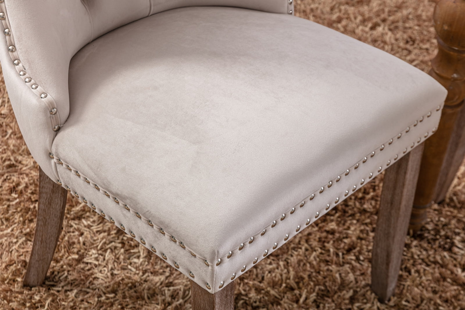 Elegant Button Tufted Dining Chairs, High-end Velvet Upholstered Dining Chairs with Nailhead Back and Ring Pull Trim, Solid Wood Dining Chairs for Kitchen Bedroom Dining Room (Beige,Set of 8)