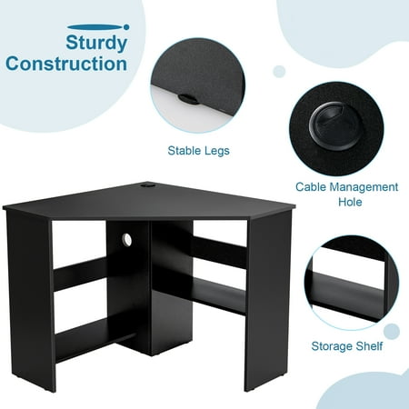 Costway Corner Computer Desk Triangle Writing Workstation w/ Storage Shelf - Black