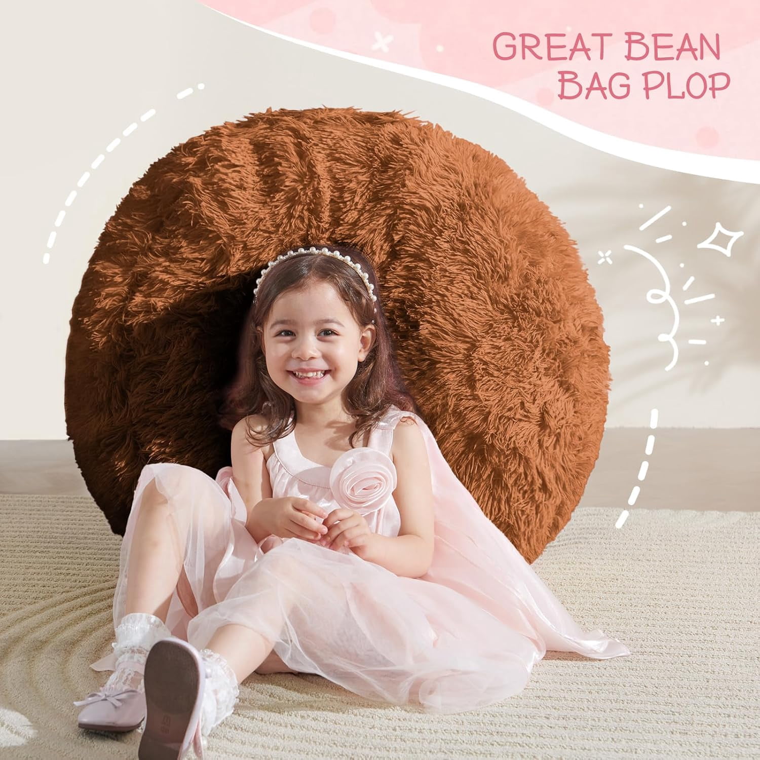 General Bean Bag Cover (No Filler), Stuffed Animal Storage Bean Bag Covers for Kids, Soft Faux Fur Washable Cover with Pocket Handle, Comfy Fluffy Beanbag for Organizing Plush Toys, 27"x21" Brown