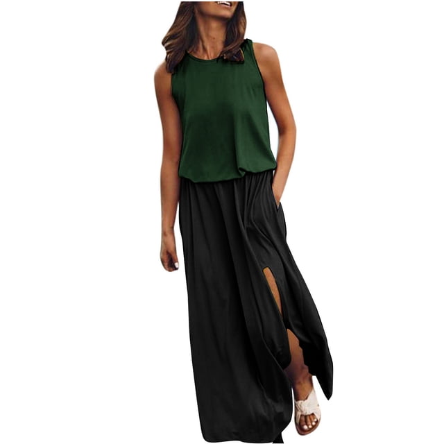 UPPADA Robe Sans Manches à Col Ras du Cou pour Femme, Fendue, Fluide, Robe Formelle, Décontractée, Bohème, d'Été, Robe de Cocktail, de Soirée, de Bal, Longue, avec Poches, Vert Armée, m