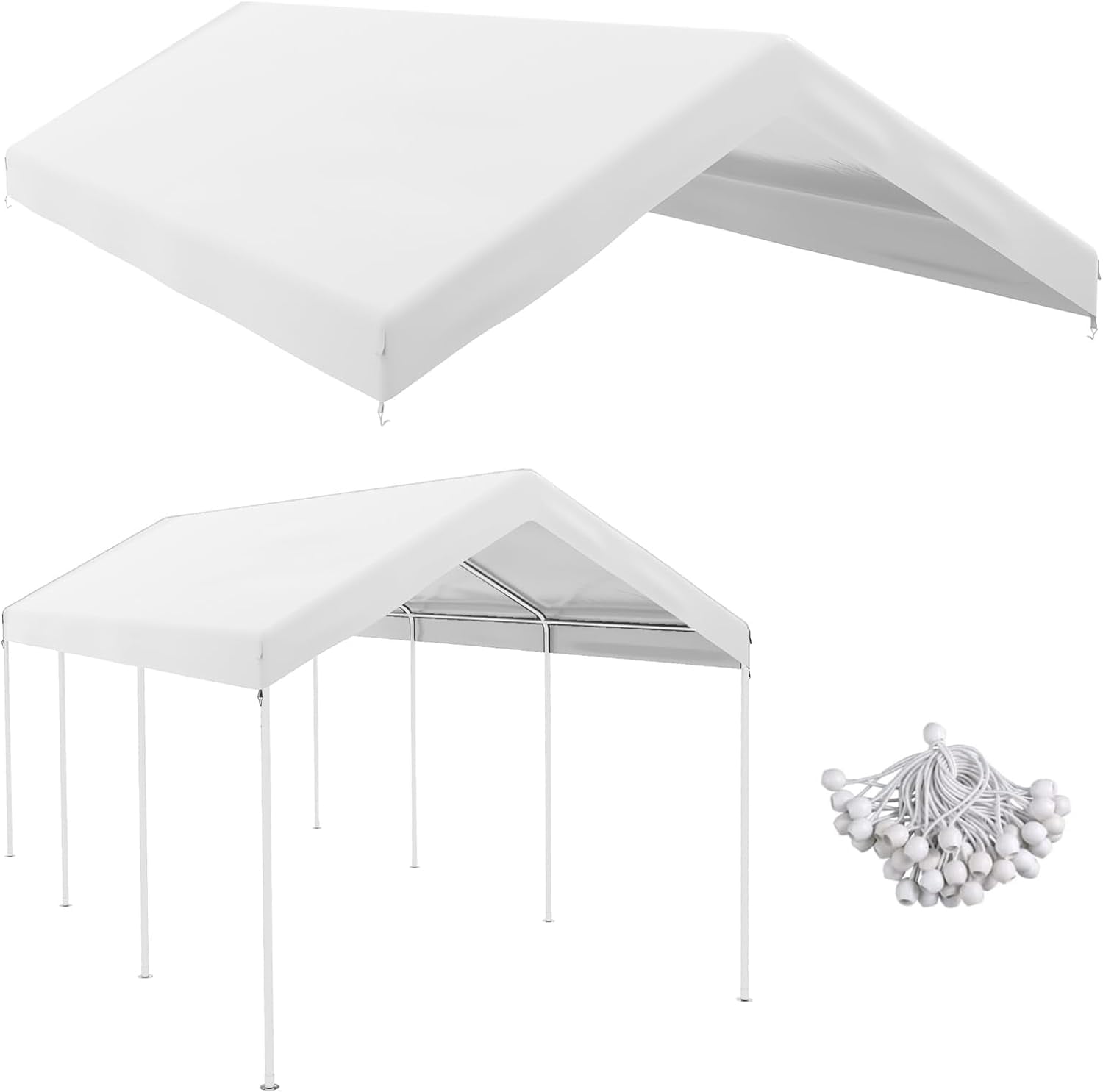 10x20 Canopy Replacement Cover, Heavy Duty Carport Canopy, UV Resistant Car Tent Cover, Water Resistant Car Port Cover with Ball Bungee Cords, White, Only Cover