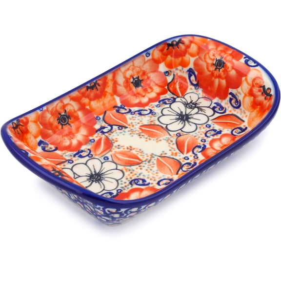 Polish Pottery 8¾-inch Platter with Handles (Poppy Passion Theme) Signature UNIKAT Hand Painted in Boleslawiec, Poland   Certificate of Authenticity