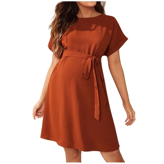 Alkepwun Pregnancy Dress Plus Size Round Neck Batwing Sleeves Belted Waist Midi Dresses Summer Lightweight Comfort Breathable A Line Casual Maternity Dress