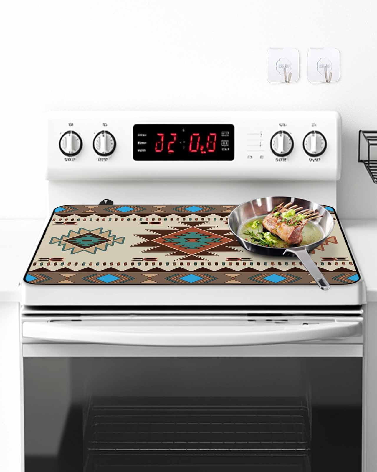 Stove Top Covers for Electric Stove, Boho Southwest Glass Stovetop Cover Protector, Farmhouse Aztec Tribe Brown Blue Plaid Induction Cooktop Protector Oven Mat for Kitchen Countertop 24"x21"