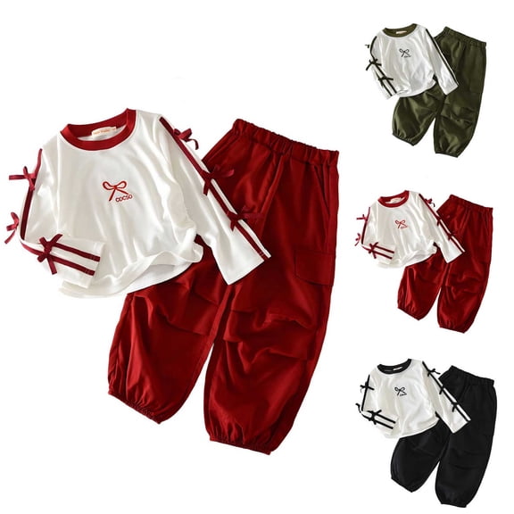 oelaio Girls Fall Winter Clothes 2 Piece Matching Set Long Sleeve Bow T Shirt and Elastic Waist Cargo Pants Color Block Casual Athletic Outfit Sets Tween Streetwear Army Green 9 Years