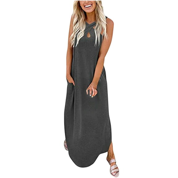 Summer Dresses for Women under $10! Xqxayjr Women Casual Loose Sundress Sleeveless Criss Cross Halter Neck Maxi Long Beach Shirt Dress Travel Vacation 2025 Summer Outfits