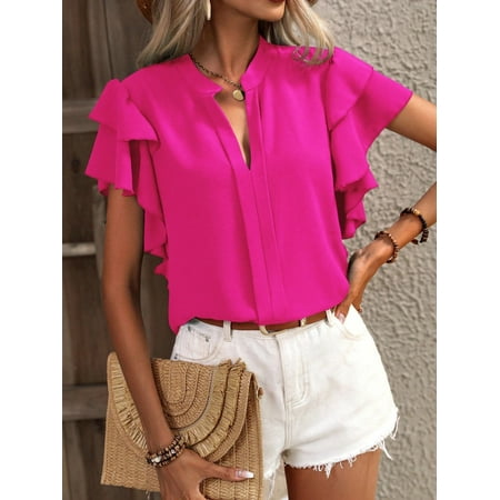 Blusas Mujer De Moda Verano Elegantes 2024 Women's V-neck Casual Double Layer Ruffle Sleeve Shirt Chiffon Office Lady