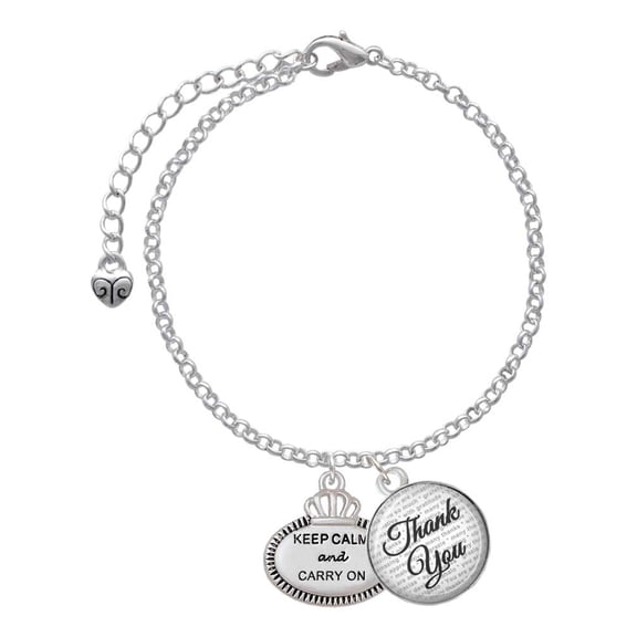 Delight Jewelry Silvertone Keep Calm and Carry On - Domed Thank You Charm Bracelet, 6" 2"