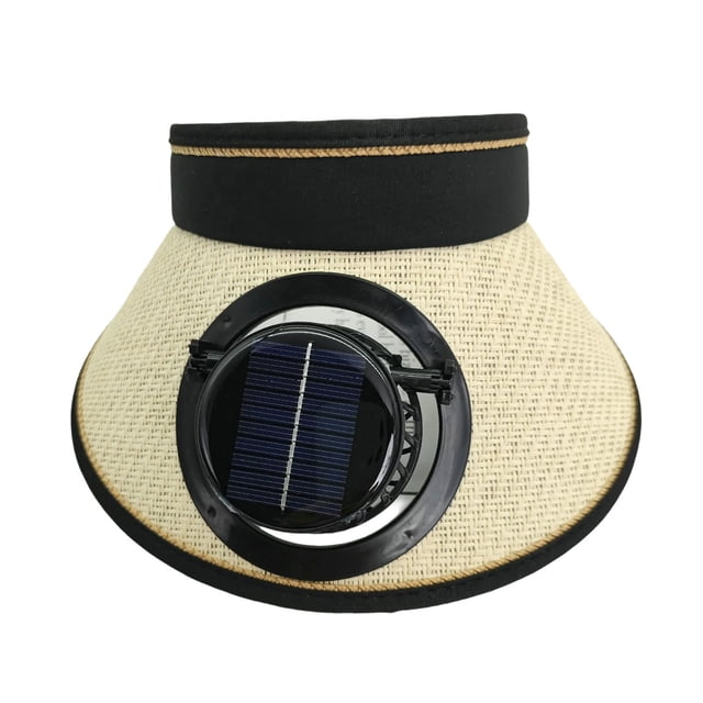 Beige Summer Straw Sun Hat With Solar Powered Fan Polyester Mesh Visor Cap For Outdoor Travel 22.0X4.7X3.9 In