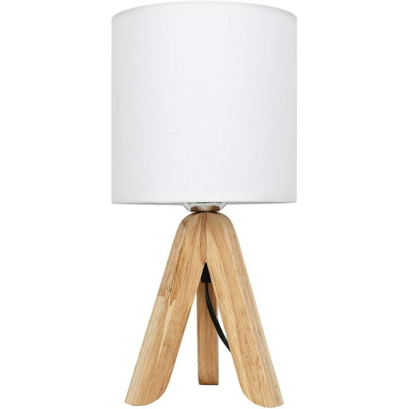 Brown Wooden Tripod Nightstand Lamp with Fabric Shade
