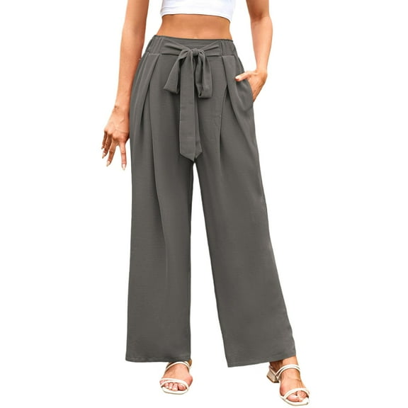 MIXUE Linen Pants Women Summer Solid Color Wide Leg Lace Up Loose Casual Trousers Daily-Wear,Gray,XS