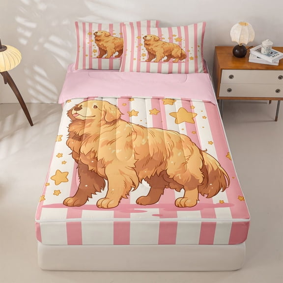 Homewish Cute Golden Retriever Dog Zipper Twin Comforter Sets with Fitted Sheet and 2 Pillowcases,Cartoon Animal Zipper Bedding Set,Pink White Stripes Decor,Pink Reversible,4pcs