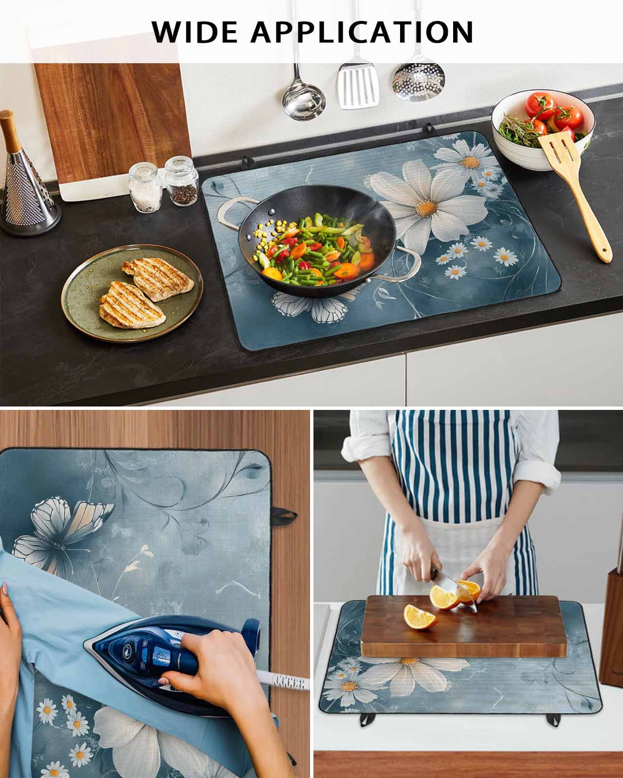 nqOlkjepod Large Induction Cooktop Protector Mat 24"x21", White Daisy Flowers Stove Top Covers for Electric Stove, Pastoral Modern Butterfly Botanical Stove Burner Cover Mats, Glass Top Stove Cover