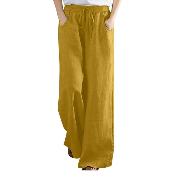 BLVB Cotton Linen Pants for Women Elastic Waist Drawstring Wide Leg Pants Casual Plus Size Lounge Trousers with Pockets