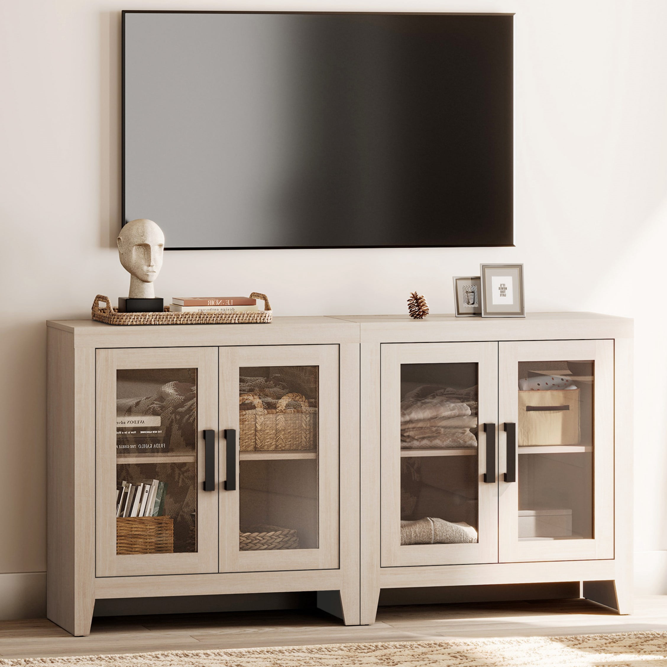 WAMPAT Modern Farmhouse TV Stand up to 70"TV, Entertainment Center with Tempered Glass Doors & Adjustable Shelves, Beige