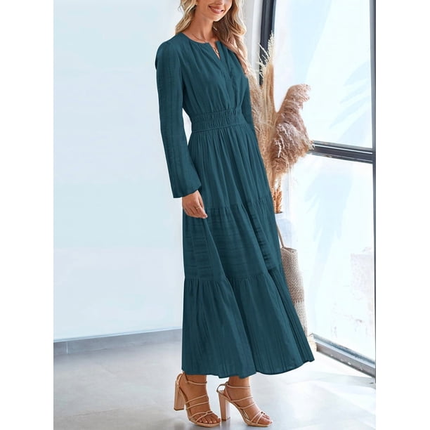 Women Fall Casual Long Sleeve V Neck Elastic Waist Light-Weight Maxi  Wedding Guest Dress Pockets Peacock Green XL - Walmart.ca