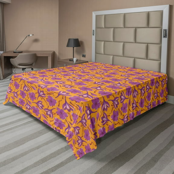 Ambesonne Floral Flat Sheet, Hand Drawn Crocus Flower, Queen Size, Pale Orange Pale Pink