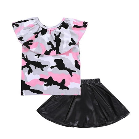 

Fesfesfes Children Clothing Summer Girls Pink Camouflage Short Sleeve T-shirt Skirt Suit