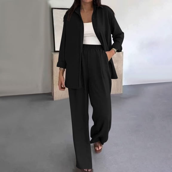 Women's Two Piece Set, Button Down Shirt and Wide Leg Pants Set, Casual Matching Outfit, Relaxed Fit Solid Color Sets for Everyday Wear, Office Casual and Street Style Black