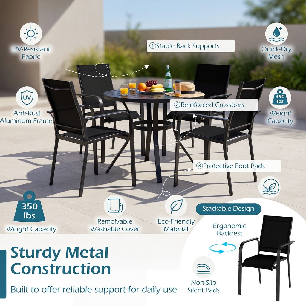 Hommoo Stackable Outdoor Dining Chairs Set of 6, Heavy-Duty Metal Frame Patio Chairs with Breathable Mesh Back, Ergonomic Armrests, Black