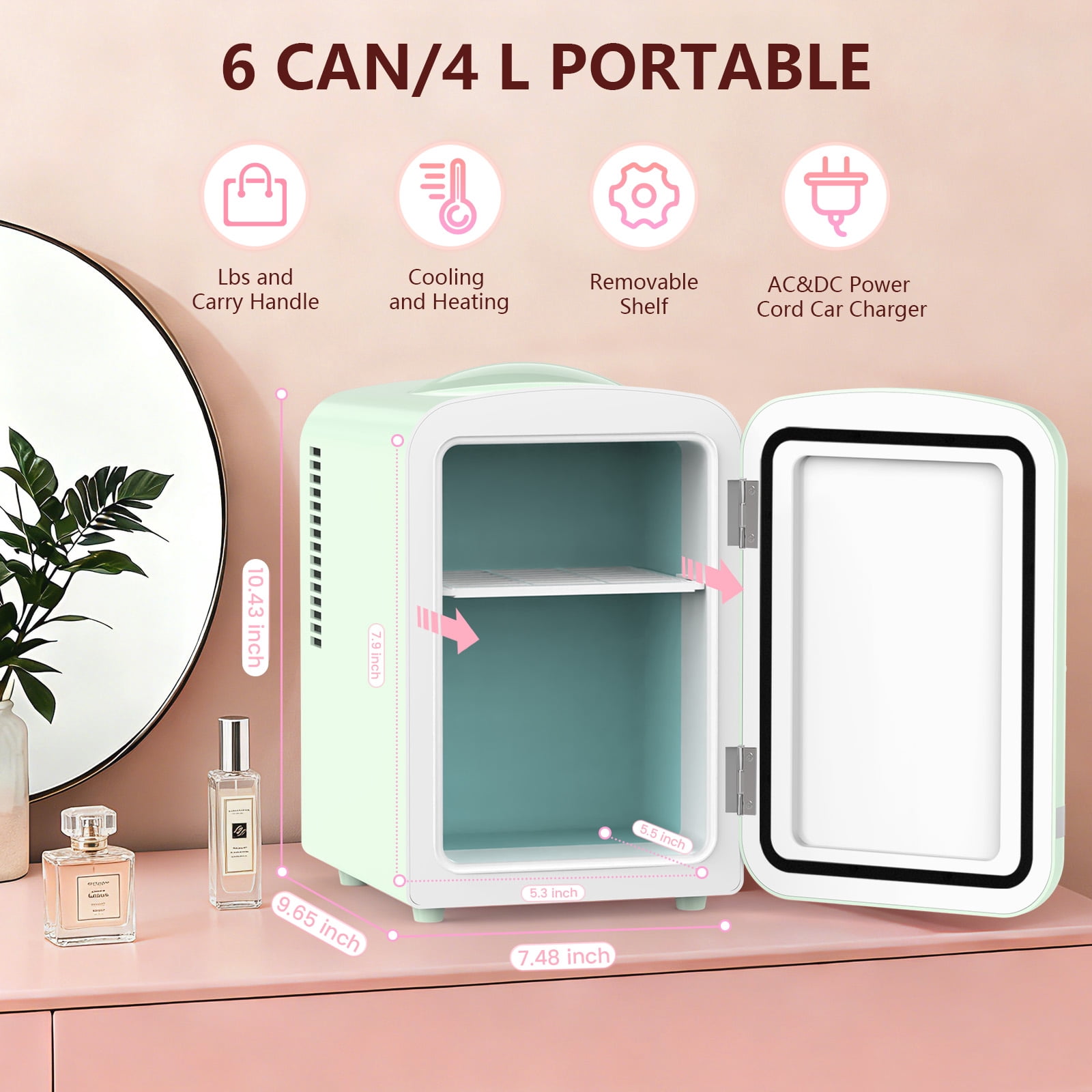 KNDKO Mini Fridge, 4L/6 Cans Cooler and Warmer Compact Refrigerator Skincare, Makeup & Drink, Portable Desk Fridge for Car, Office, Dorm, Green
