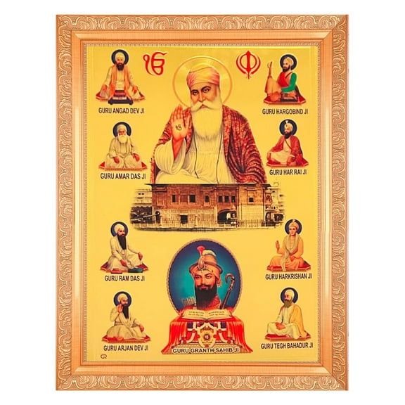 Bm Traders Sikh 10 Gurus With Guru Granth Sahibji Beautiful Golden Foil Photo In ArtWork Golden Frame (11 x 14 Inch)OR(27.94 X 35.56 Cm) Housewarming Gifts