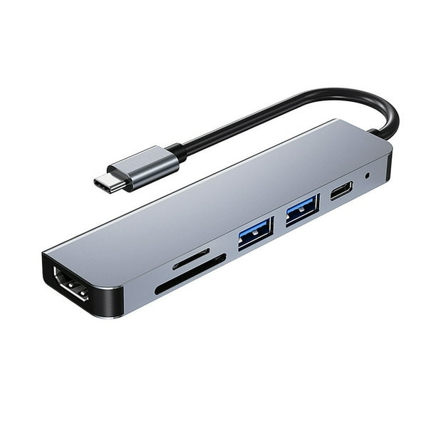 Hub de tipo C Convertidor tipo C de aleación de aluminio multifuncional de concentrador tipo C 6 en 1 con puertos HD USB2.0 USB3.0 PD Ranuras para tarjetas TF SD Plug and Play Meterk Hub de tipo C