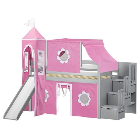 Jackpot Princess Low Loft Stairway Bed with Slide Pink & White Tent and Tower, Loft Bed, Twin, Gray