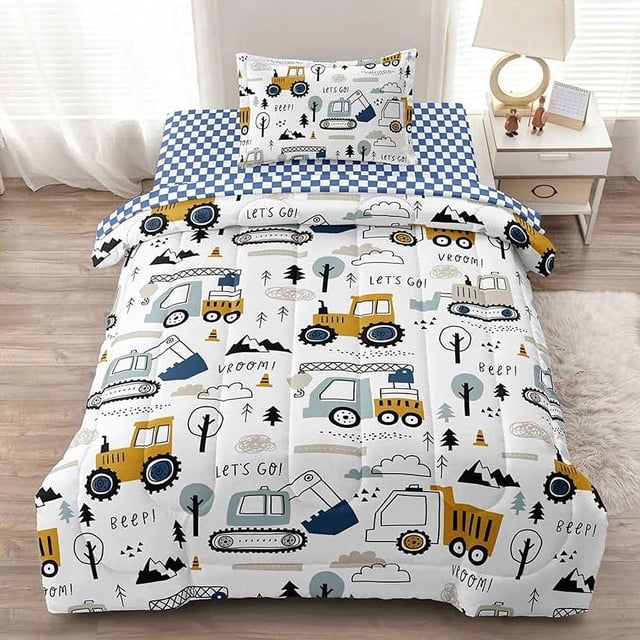 4-Pcs Construcción Twin Size Boys Bedding Set, Kids Comforter Set for Teens
