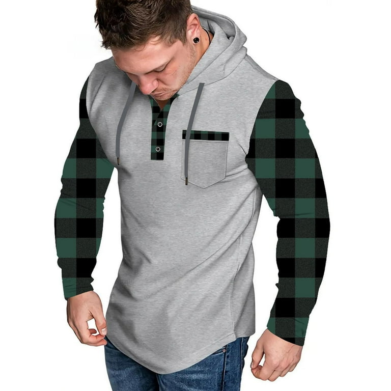 LOVZFMLL Hoodies for Men, Plaid Color Block Hooded Sweatshirt