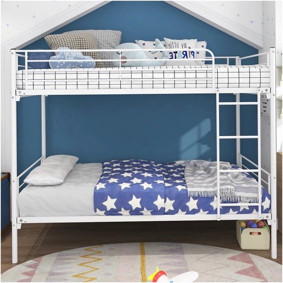 Twin over Twin Metal Bunk Bed with Ladder, Space Saving Platform Bed Frame, Guardrails, White