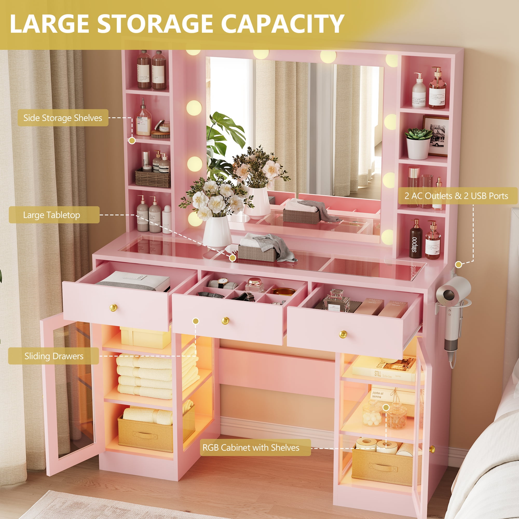Vanity Desk with Mirror and Lights, Glass Top Vanity with Lighted Mirror & RGB Glass Cabinet and 3 Drawers, Makeup Vanity Desk with Lights Dressing Table for Bedroom, 3 Color Modes
